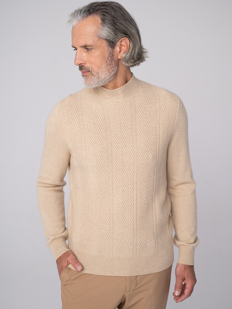 Herringbone cashmere mock-neck sweater