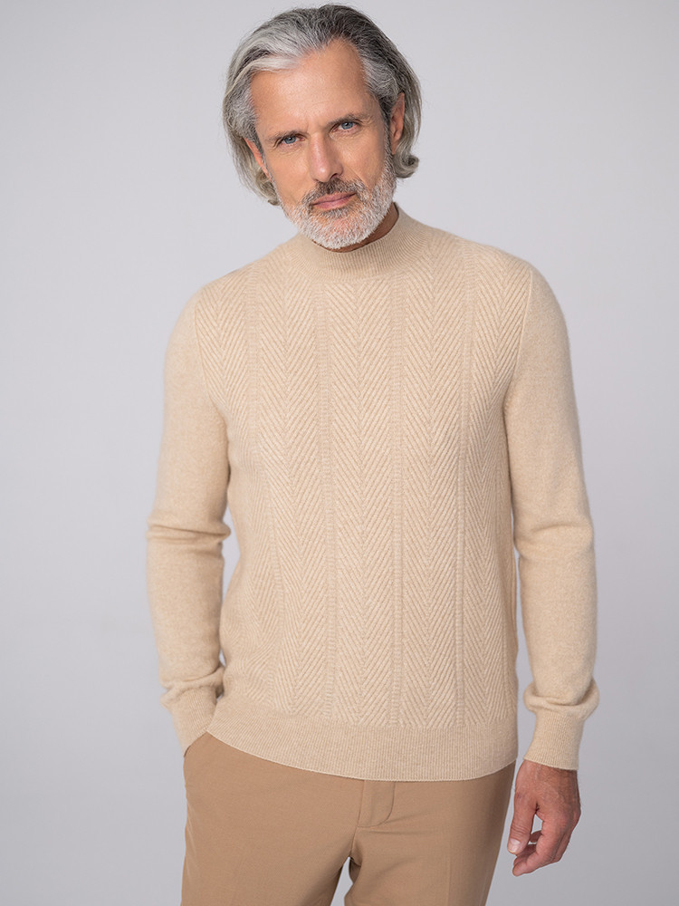 Herringbone cashmere mock-neck sweater