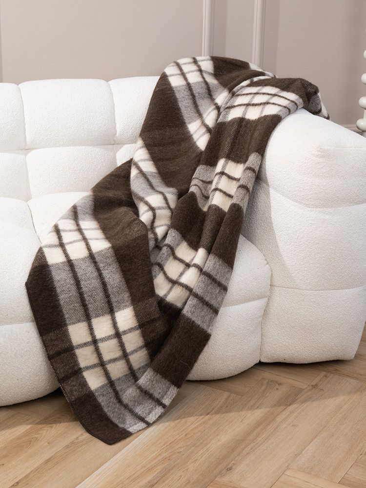 Brown checked sheep wool blanket