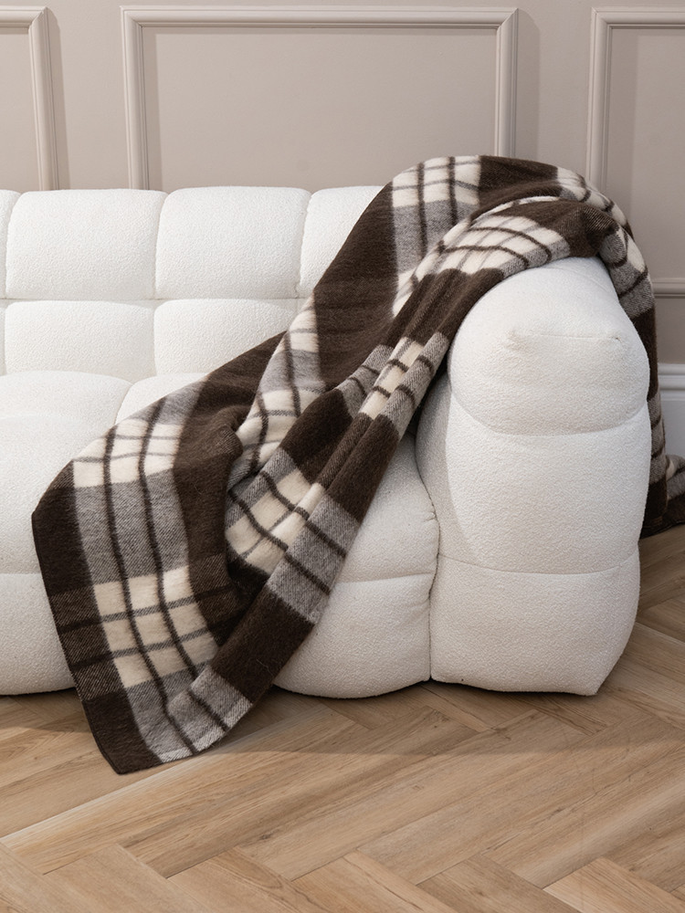 Brown checked sheep wool blanket